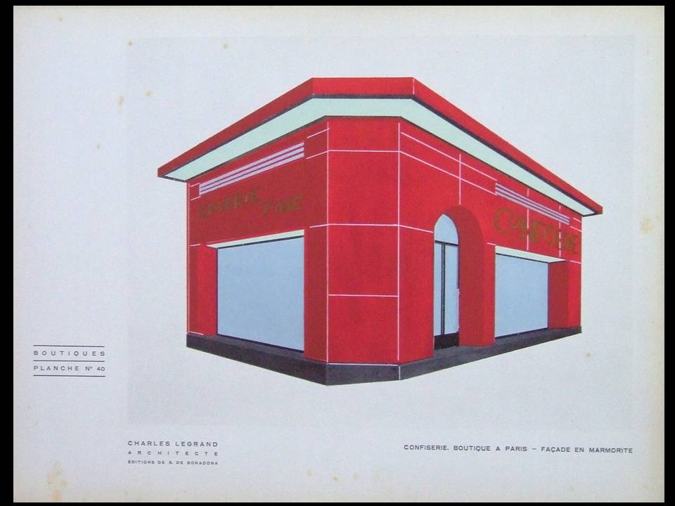 CONFISERIE A PARIS, CANDY STORE IN PARIS - POCHOIR 1930 - FRENCH ART DECO, ARCHITECTURE, CHARLES LEGRAND [Assez bon]