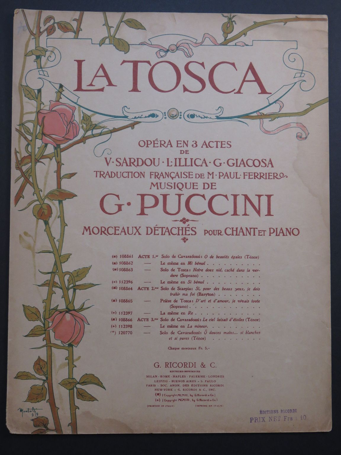 Puccini Giacomo La Tosca Solo Cavaradossi O Douces Mains Chant Piano 1908 By Puccini Giacomo La Tosca Solo Cavaradossi O Douces Mains Chant Piano 1908 Sheet Nbsp Music Partitions Anciennes