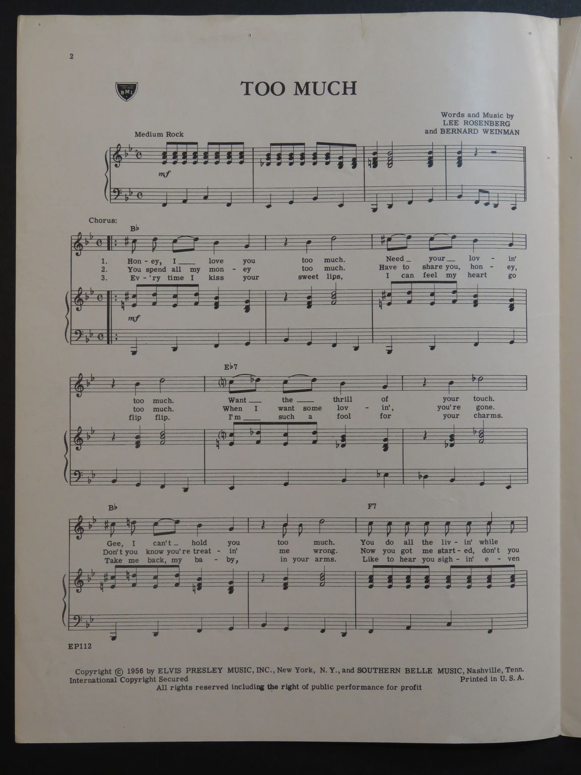 ROSENBERG Lee WEINMAN Bernard Too Much Elvis Presley Chant Piano 1956 ...