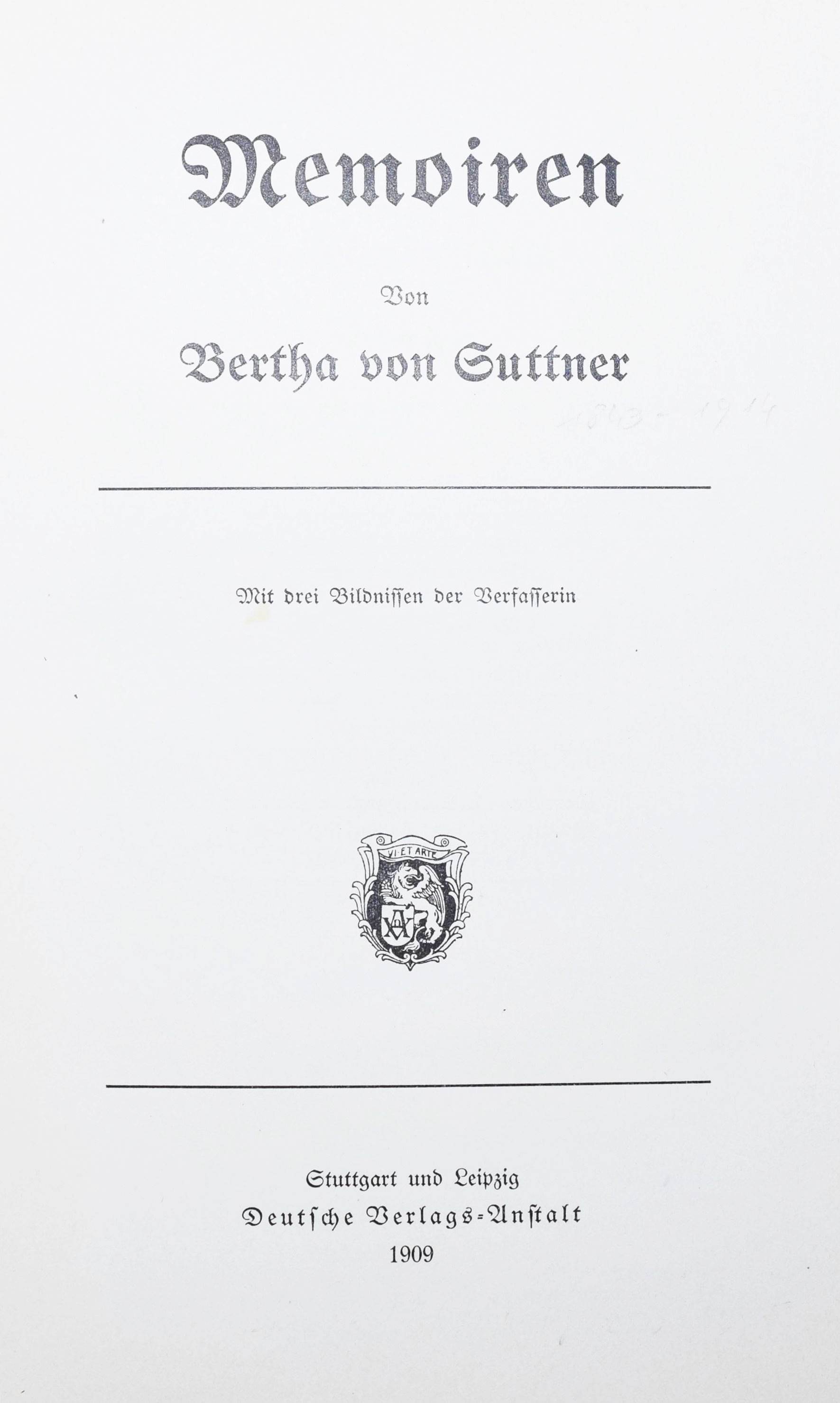 Memoiren. von Suttner, Bertha v. (1909) Antiquariat Haufe & Lutz