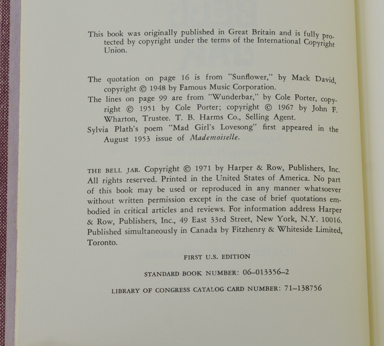 The Bell Jar de Plath, Sylvia Fine Hardcover (1971) 1st Edition
