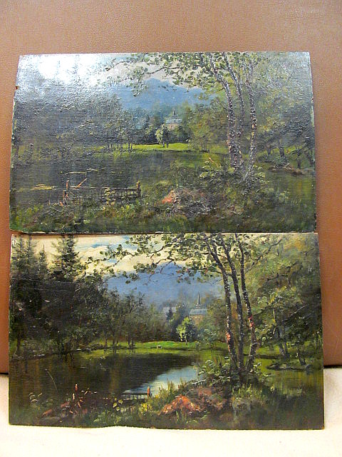 2 Ölgemälde auf Holztafeln Blick über einen Teich auf ein Gebäude in