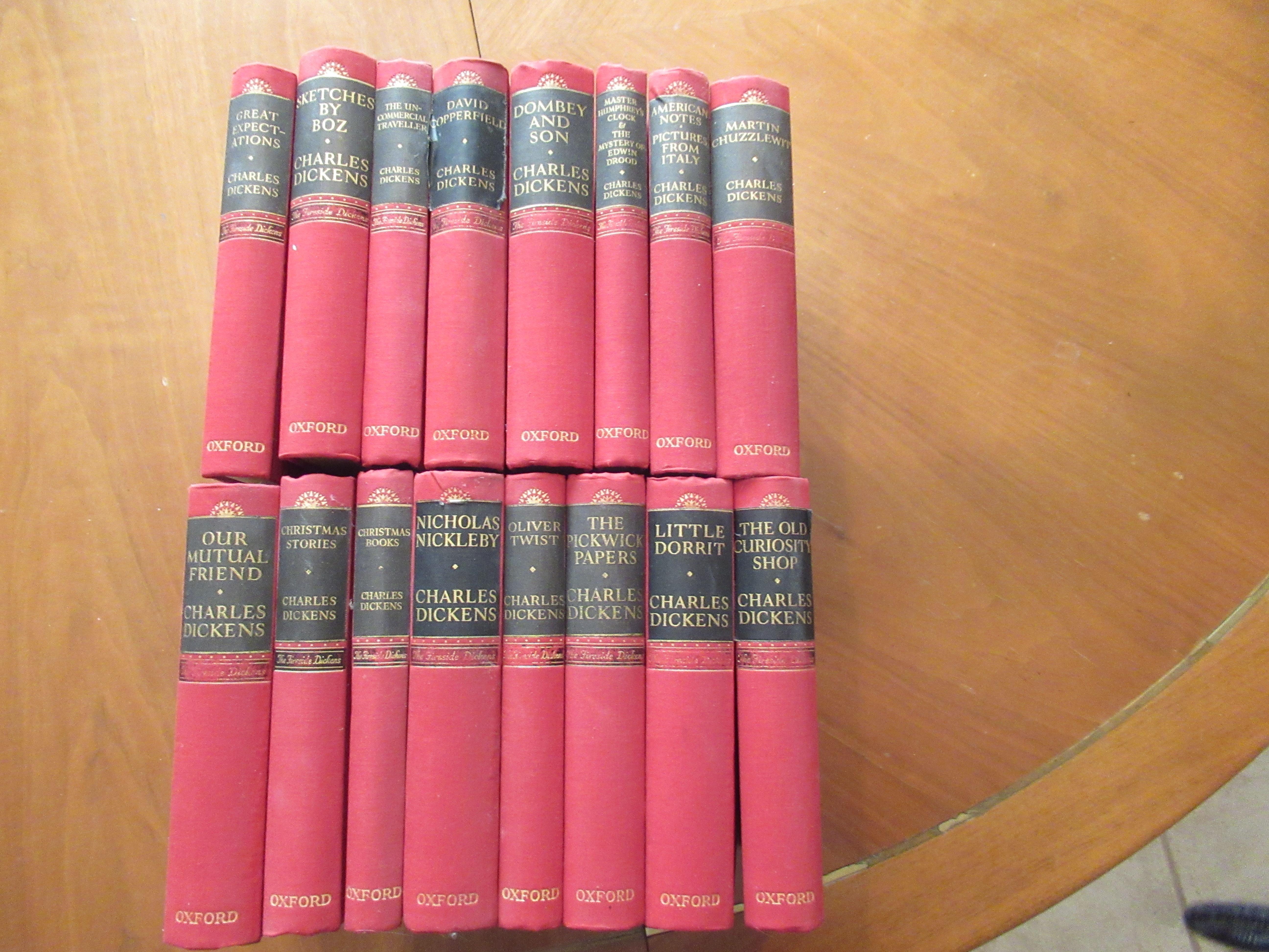 The Fireside Dickens, Complete Editon In Twenty-Two Volumes [This Set Lacking Six Volumes], With Illustrations By Cruikshank, 'Phiz', Etc. : Oliver Twist, David Copperfield, Christmas Books, Christmas Stories, Nicholas Nickleby, Martin Chuzzlewit, Great Expectationjs, Our Mutual Friend, The Old Curiosity Shop, Pickwick Papers, Little Dorrit, Dombey And Son, Sketches By Boz, The Uncommercial Traveler, American Notes / Pictures From Italy, Master Humphrey's Clock / The Mystery Of Edwin Drood - Dickens, Charles; Illustrations By Charles Green, A. Jules Goodman, Landseer, Leech, Cruikshank, 'Phiz', Cattermole, Marcus Stone, Seymour, Henry Furniss, Maurice Greiffenhagen