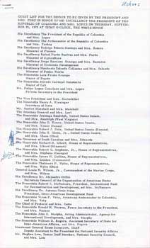 Guest List for the dinner to be given by the President and Mrs. Ford in Honor of His Excellency The President of The Republic of Columbia and Mrs. Lo
