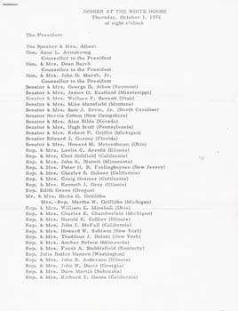 Dinner at the White House - October 3, 1974: (Original official White House document with guest list.) President Gerald Ford; White House. [Satisfais