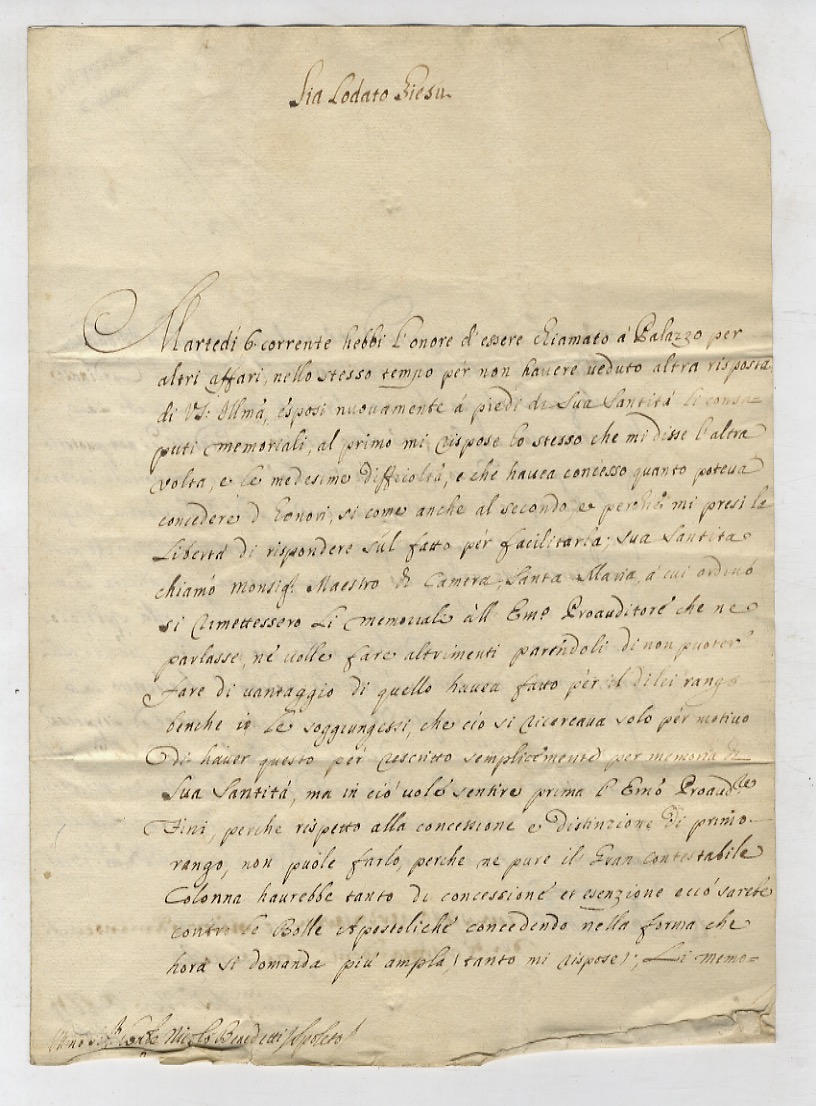 Abebooks Firma autografa in calce a lettera manoscritta stesa su due facciate d'un foglio ripiegato una volta. Indirizzata al conte Niccolò Benedetti a Spoleto; datata Roma 14 Xmbre 1729. "Martedì 6 corrente hebbi l'onore d'es
