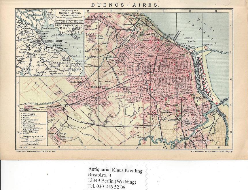 farbig Argentininien alte Stadtkarte 1898: Buenos-Aires Historische B14