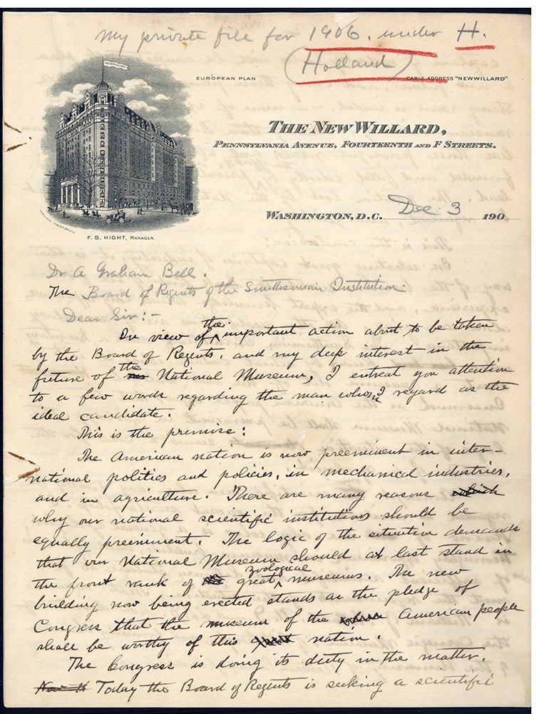 Autograph draft of letter to Alexander Graham Bell Hornaday, William T. [ ]