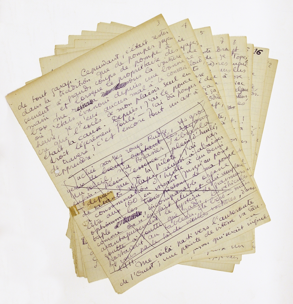 Manuscrit autographe d'un article sur la Brasier Torpédo 1919, automobile fétiche de Boris Vian, rédigé sous le pseudonyme de Claude Varnier : "Il fa