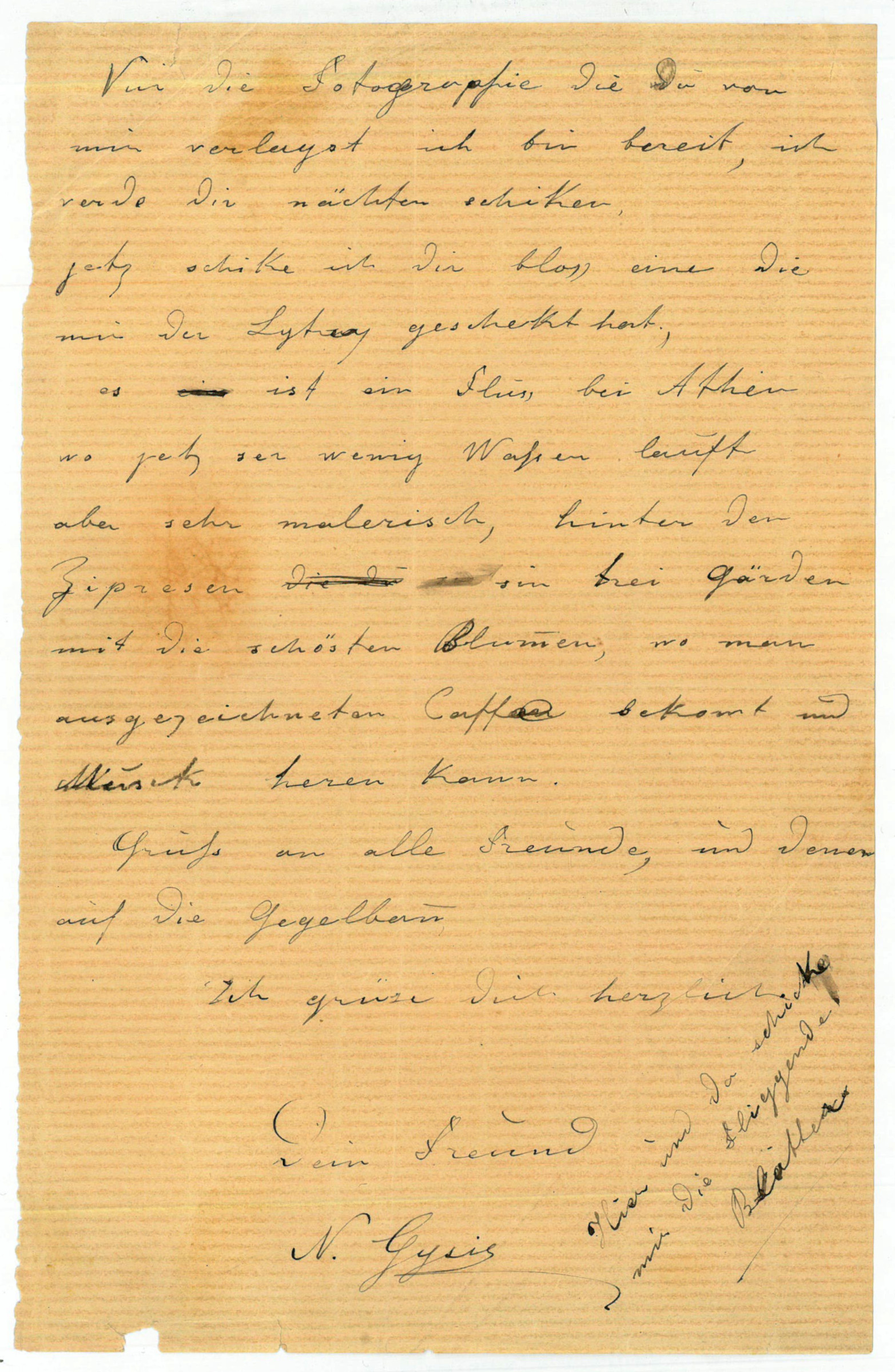 Eigenh. Brief mit U. und eigenh. Visitenkarte. Gysis, Nikolaus, griechischer Maler (1842-1901).
