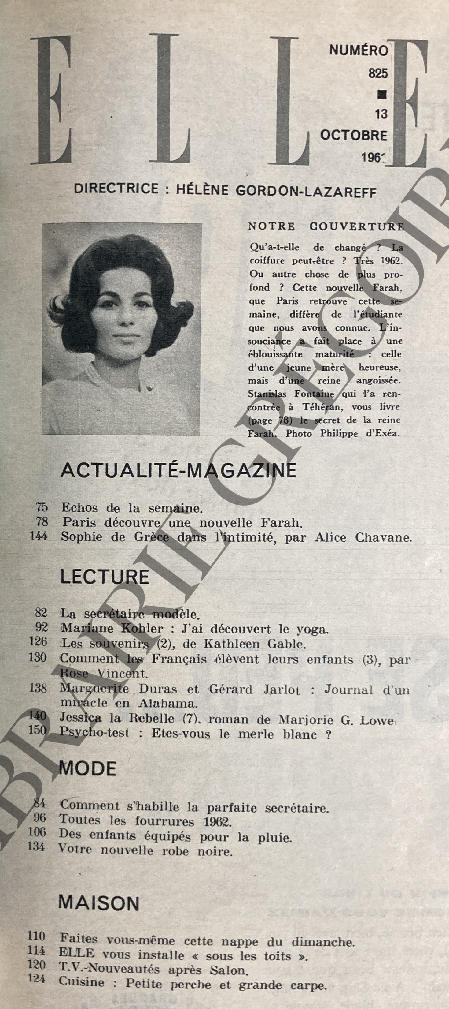 ELLE-N°825-13 OCTOBRE 1961-FARAH DIBA [Très bon] [Couverture souple]
