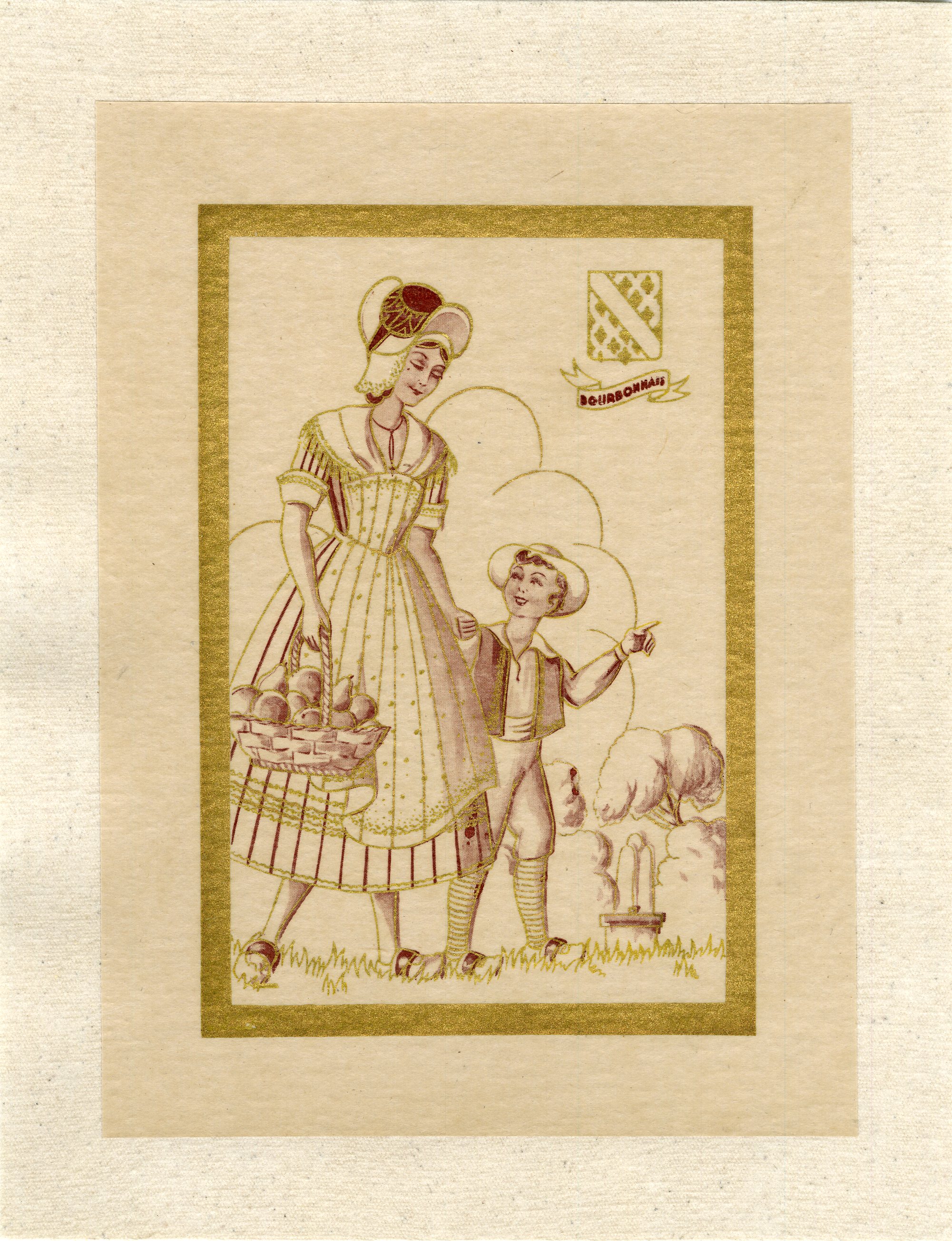 "BOURBONNAIS : Femme et enfant en costume régional" / Pochoir original sur papier calque entoilé (début 1900) [Comme Neuf]