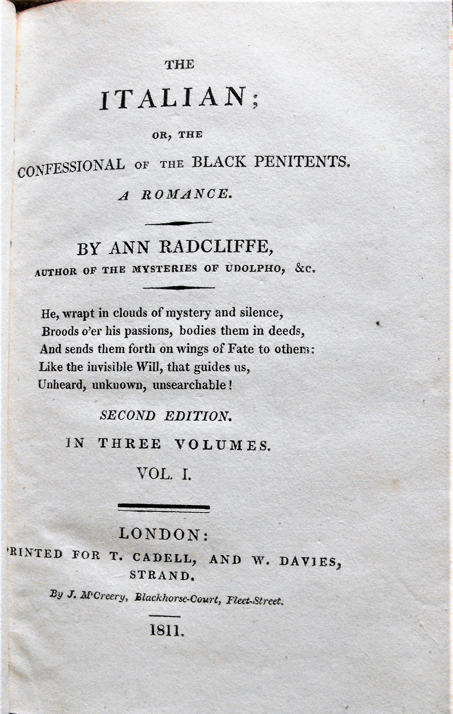 The Italian: Or, the Confessional of the Black Penitents. A Romance ...