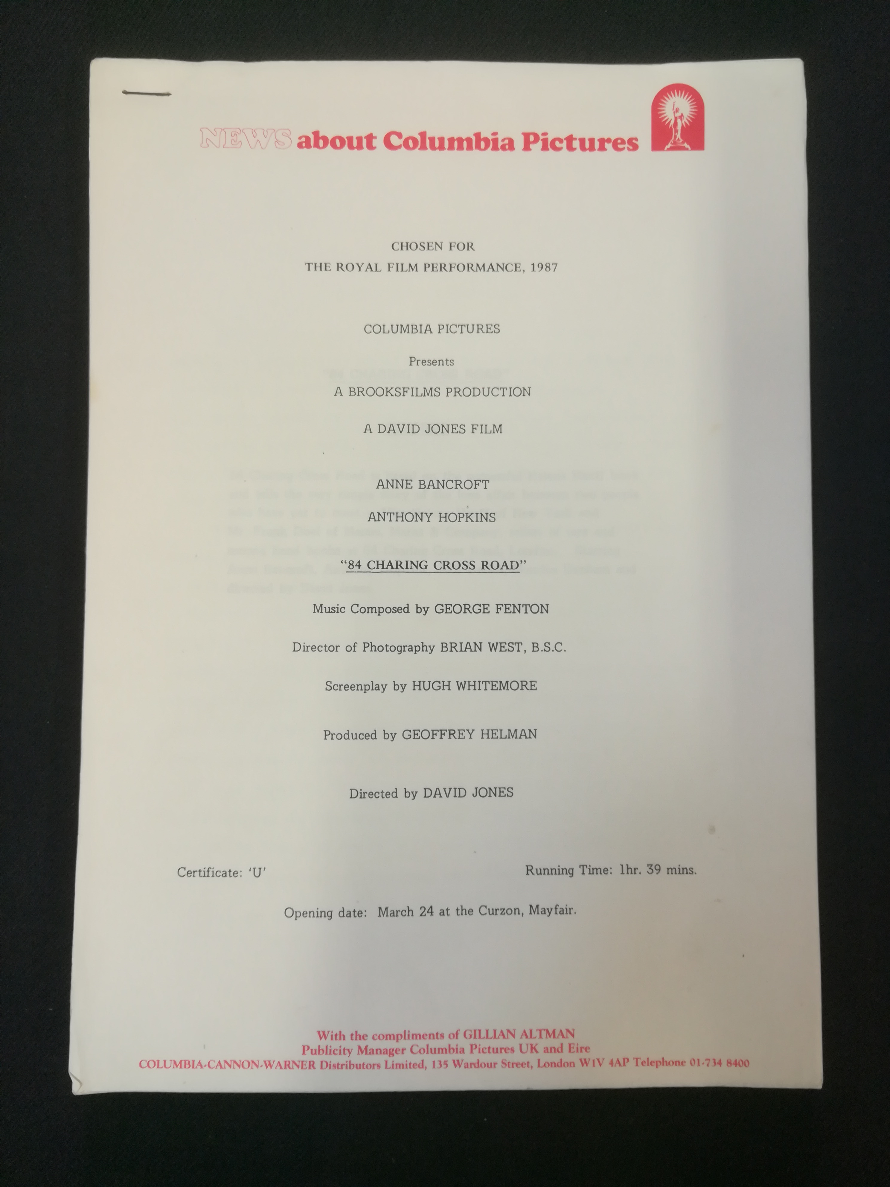 84 Charing Cross Road original film press release and kit David Jones, Anne Bancroft, Anthony Hopkins, Judi Dench [Very Good] [Softcover]
