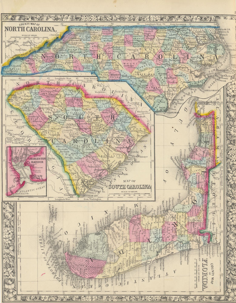 County Map of Florida, North Carolina, and South