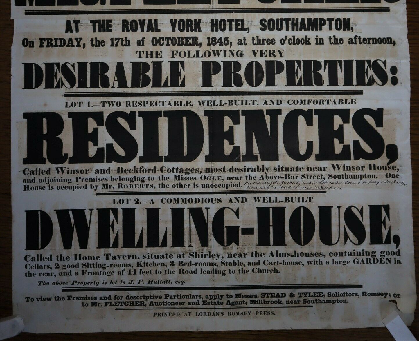 ORIGINAL Auction Poster for Lot 1 Winsor and Beckford Cottages near