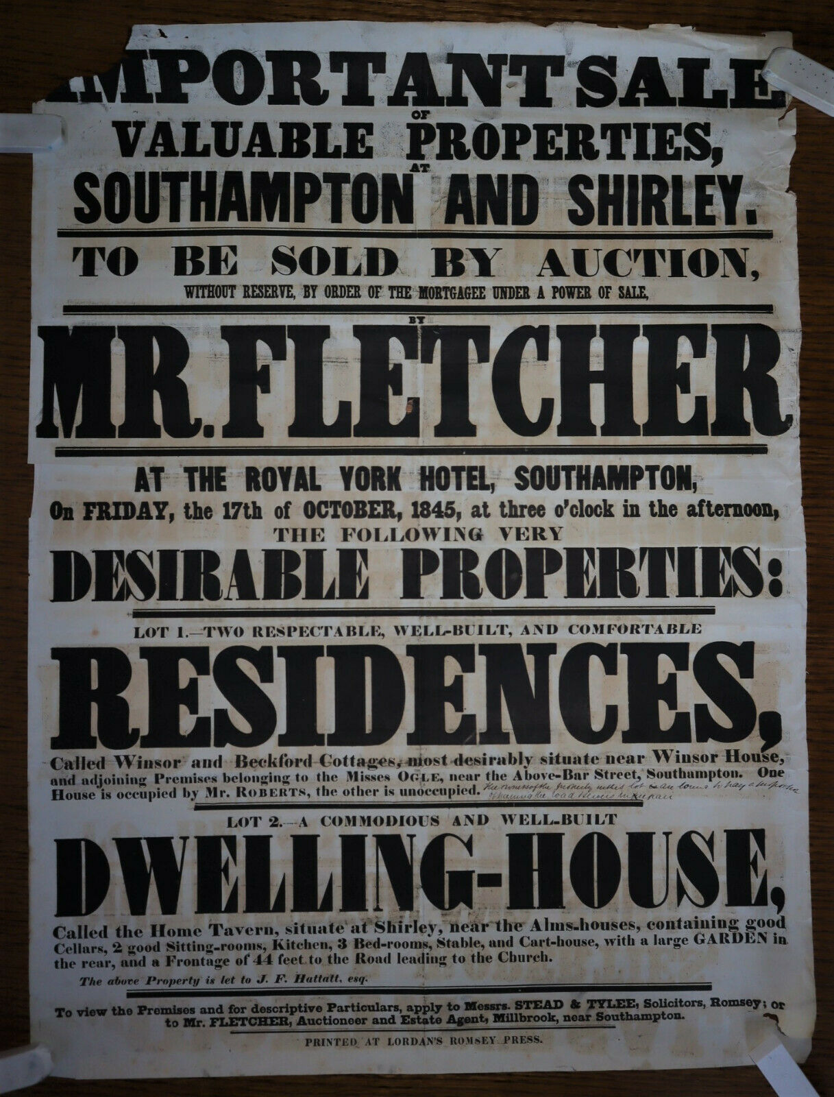 ORIGINAL Auction Poster for Lot 1 Winsor and Beckford Cottages near
