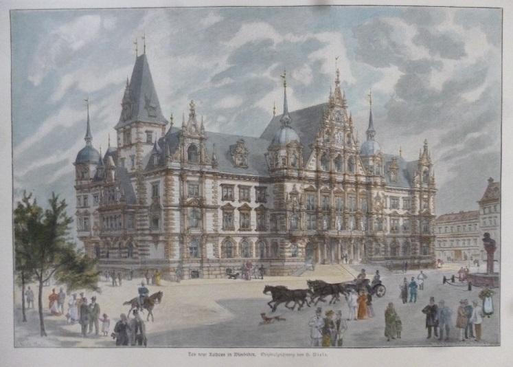 Original-Holzstich von 1891 das neue Rathaus Wiesbaden