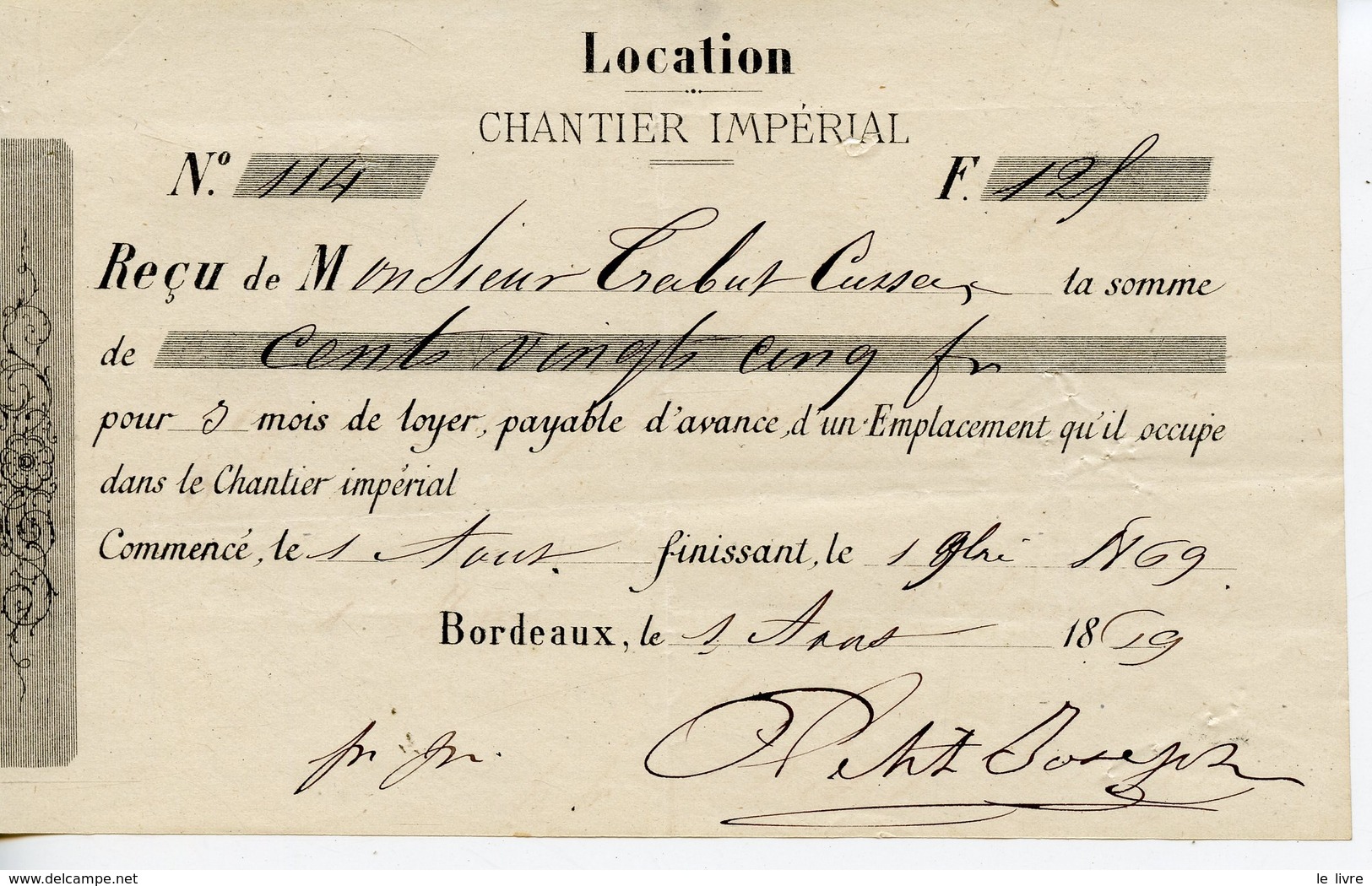 QUITTANCE DE LOYER LOCATION DANS LE CHANTIER IMPERIAL 1869 by France:  (1869) Manuscript / Paper Collectible