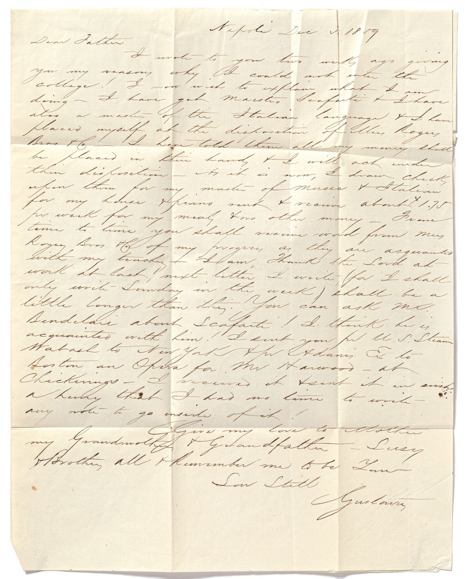 An 1859 Letter by Gustavus Hall, a rising American Baritone, explaining his decision to Study Opera under Domenico Scafati in Italy HALL, Gustavus [V
