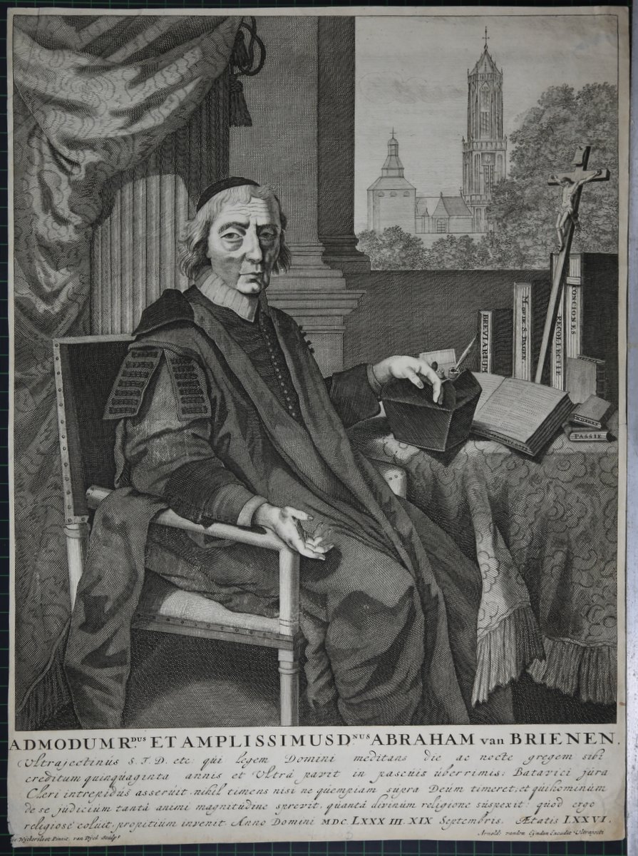 Portrait. Dreiviertelfigur in einem Sessel, auf dem Tisch religiöse Bücher, daneben ein Fenster mit Blick auf einen Kirchturm. Kupferstich von Pieter