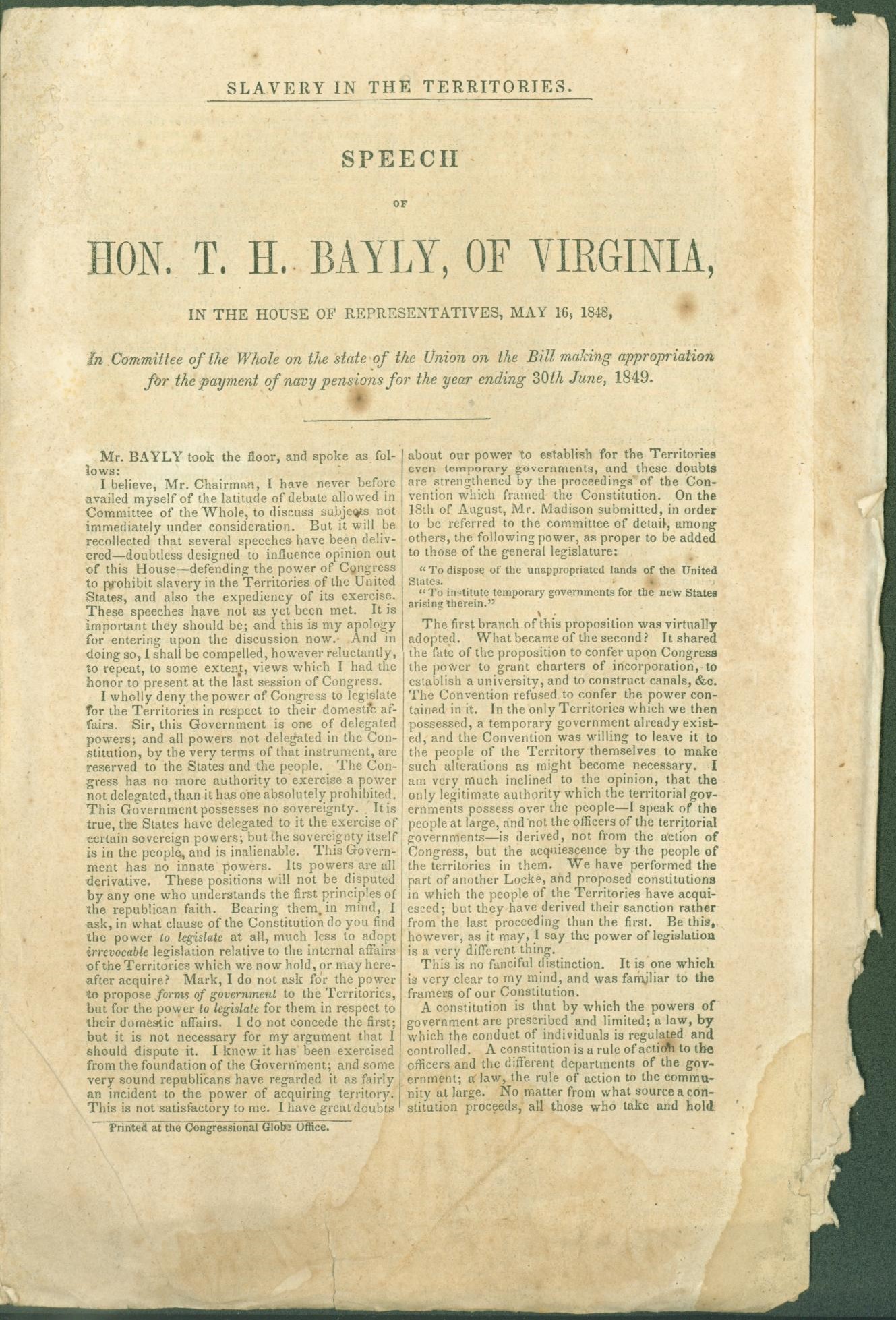 Speech of Hon. T. H. Bayly, of Virginia, in the House of