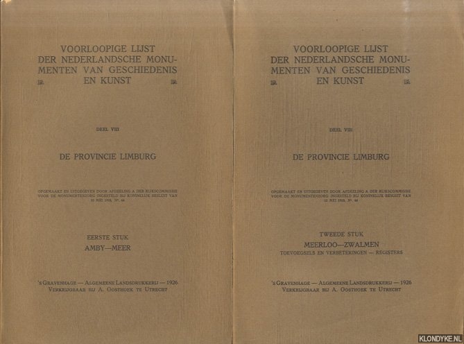 Voorloopige lijst der Nederlandsche monumenten van geschiedenis en kunst. Deel VIII: De provincie Limburg (2 delen) - Overvoorde, J.C. & E.J. Haslinghuis