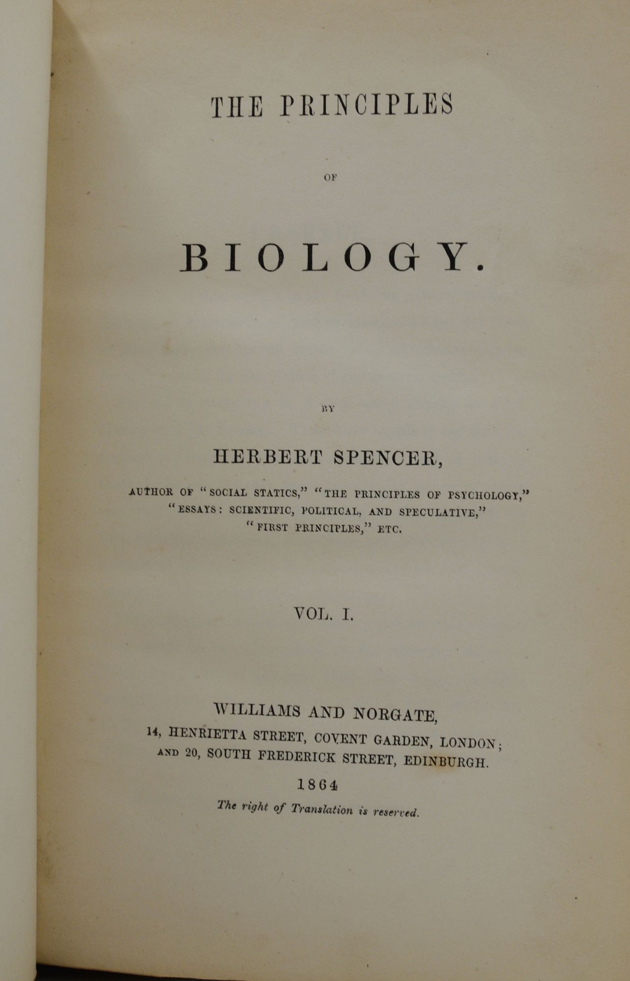 The Principles of Biology by Spencer, Herbert: Very Good (1864) First ...