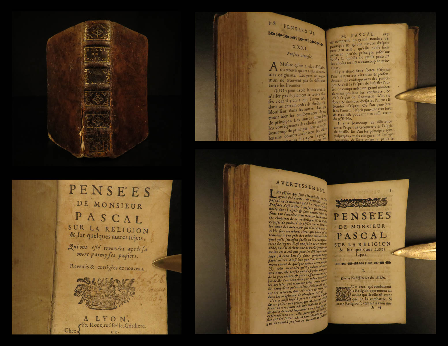Pensees De M Pascal Sur La Religion Et Sur Quelques Autres Sujets Qui Ont Este Trouvees Apres Sa Mort Parmy Ses Papiers By Pascal Blaise Near Fine Hardcover 1694 Schilb Antiquarian