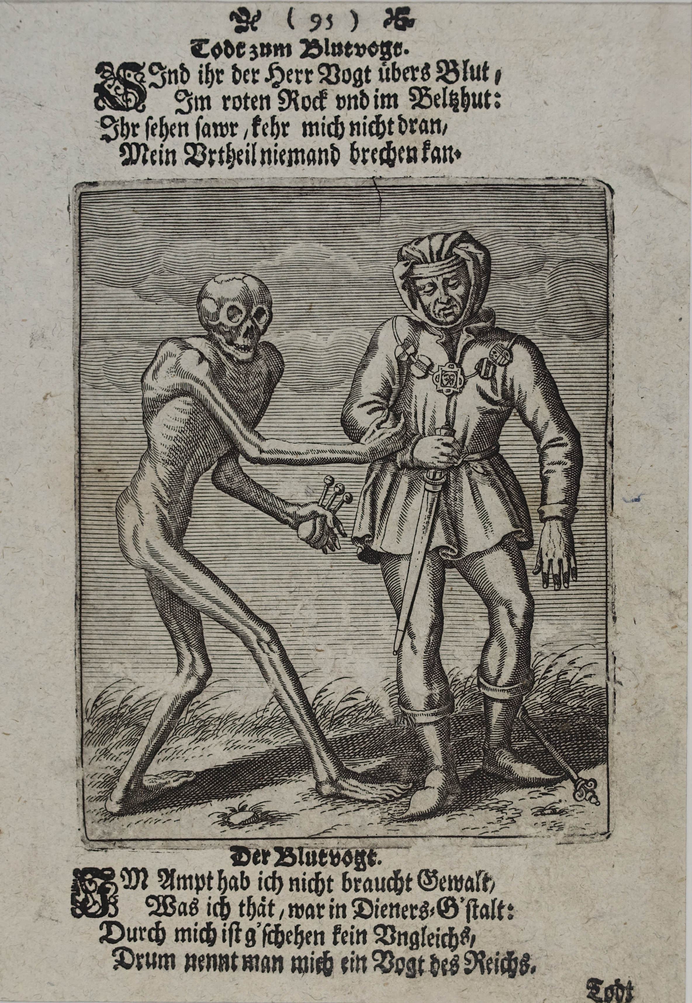 Der Blutvogt Kupferstich V Matth Merian Aus Todten Tantz Wie Derselbe In Basel Als Ein Spiegel Menschlicher Beschaffenheit Gantz Kunstlich Gemahlet Und Zusehen Ist Frankfurt 1700 11 5 X 9 5 Cm By Totentanz Art Nbsp Nbsp Print Nbsp Nbsp