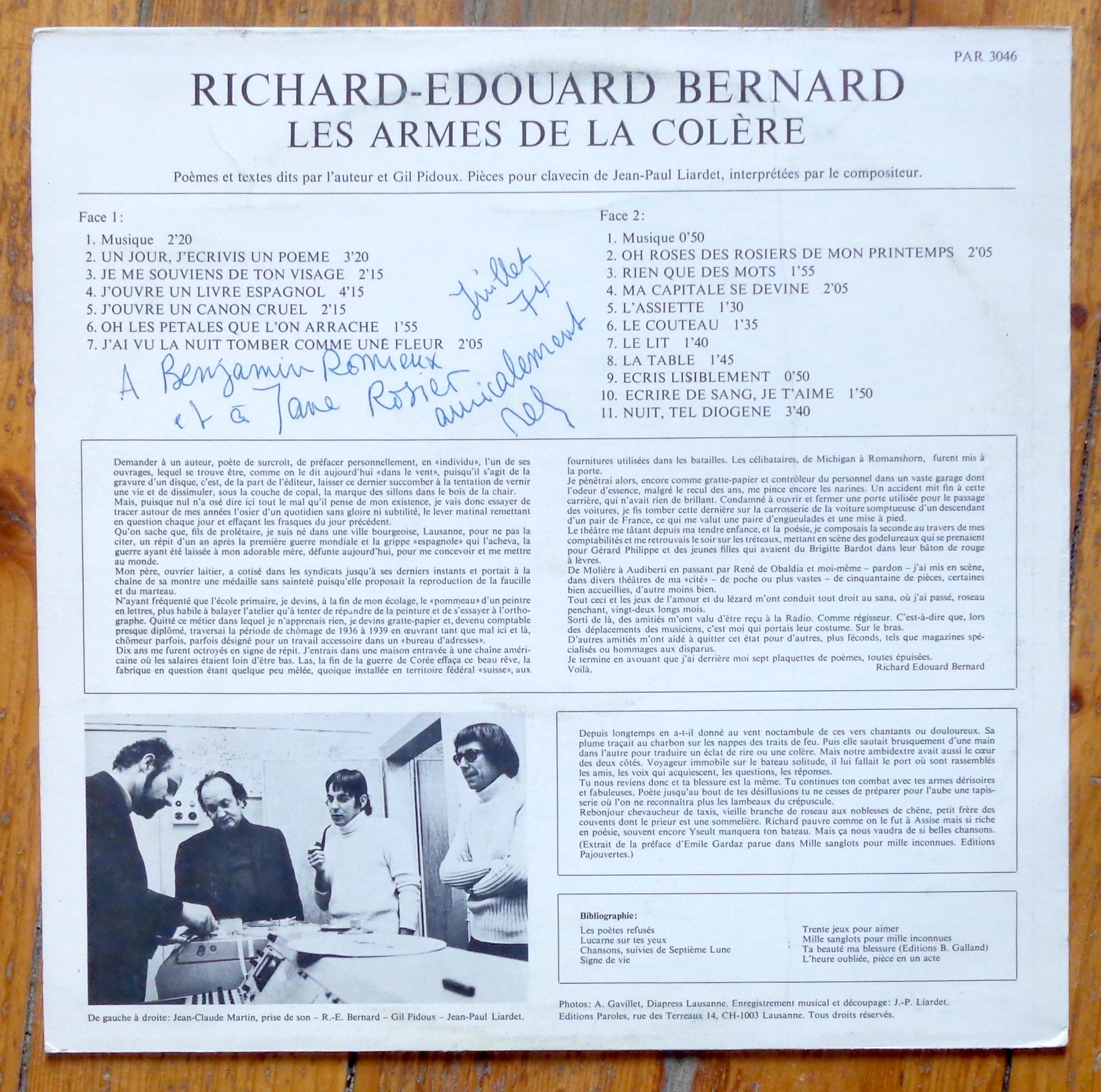 Les Armes De La Colere By Bernard Richard Edouard Pidoux Gil Recitant Liardet Jean Paul Musique Tres Bon Couverture Rigide Dedicace Par L Auteur La Bergerie