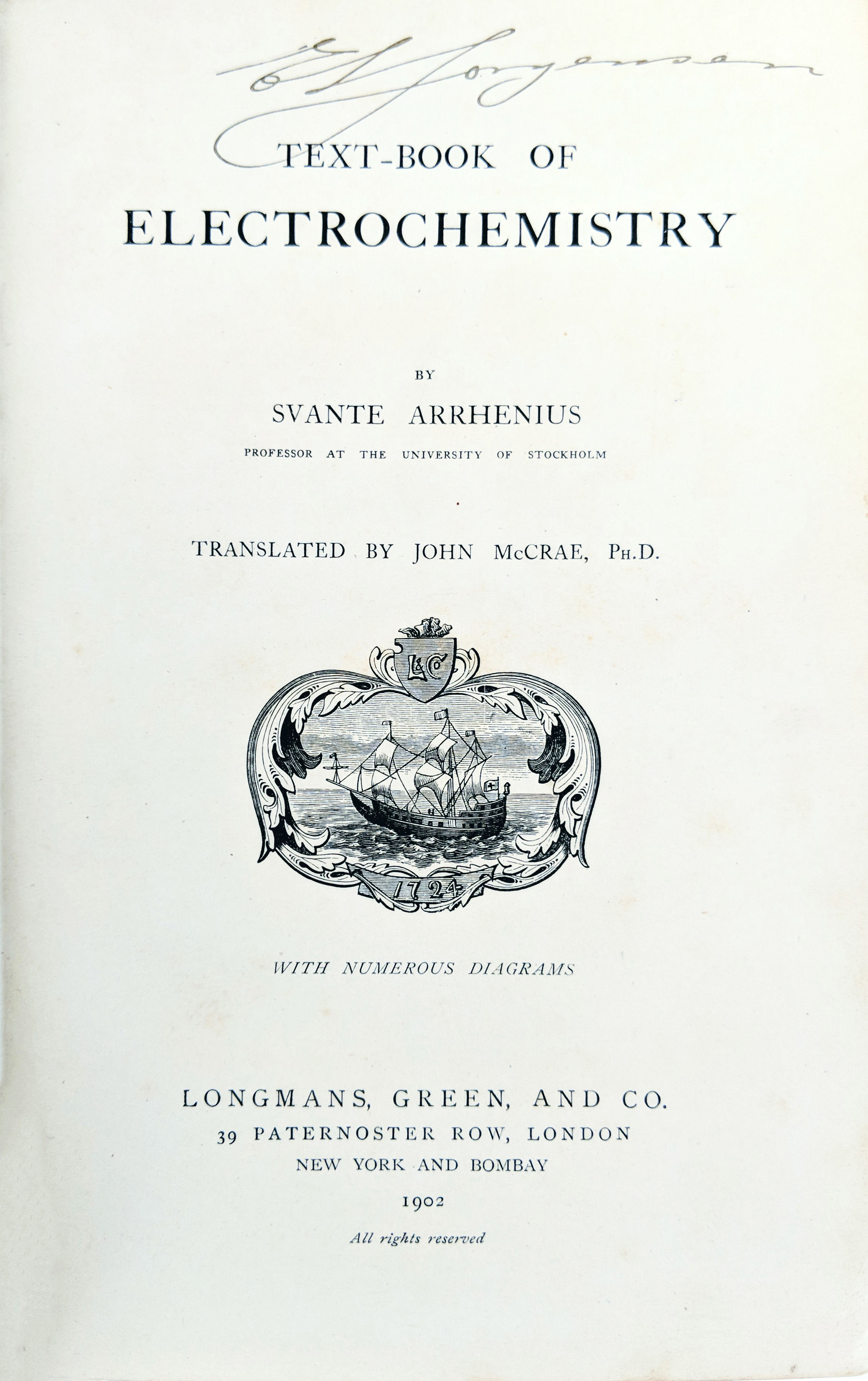 TextBook of Electrochemistry. ARRHENIUS, Svante (18591927). Barnebys