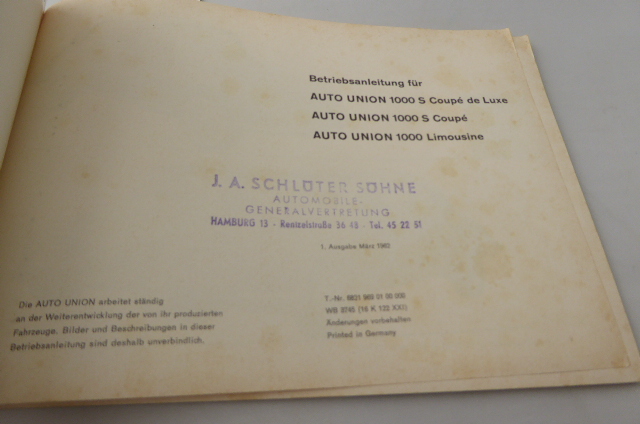 Betriebsanleitung für Auto Union 1000 S Coupe de Luxe, Auto Union 100 S  Coupe, Auto Union 1000 Limosine: Softcover/Paperback (1962)