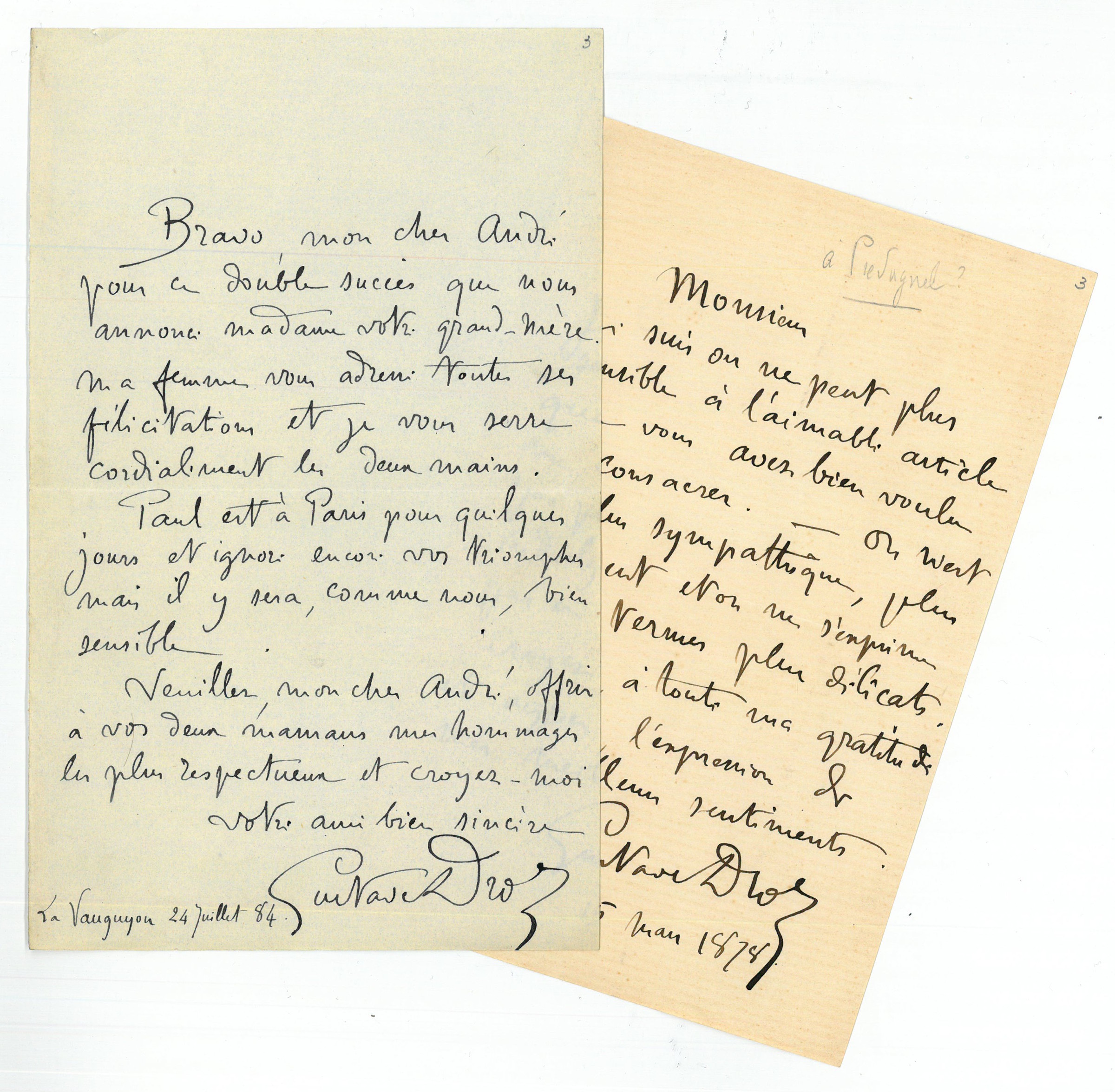 2 autograph letters signed. Droz, Antoine Gustave, French writer (1832-1895). [ ]