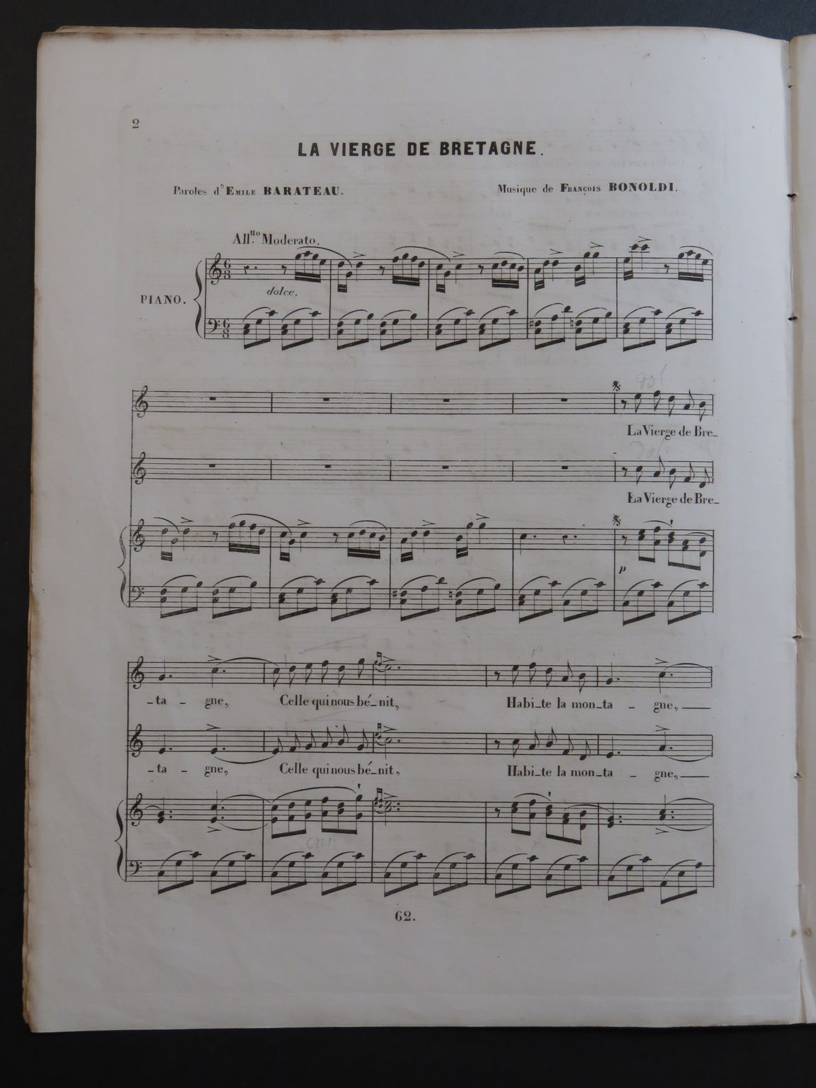 BONOLDI François La Vierge de Bretagne Chant Piano ca1850 by BONOLDI