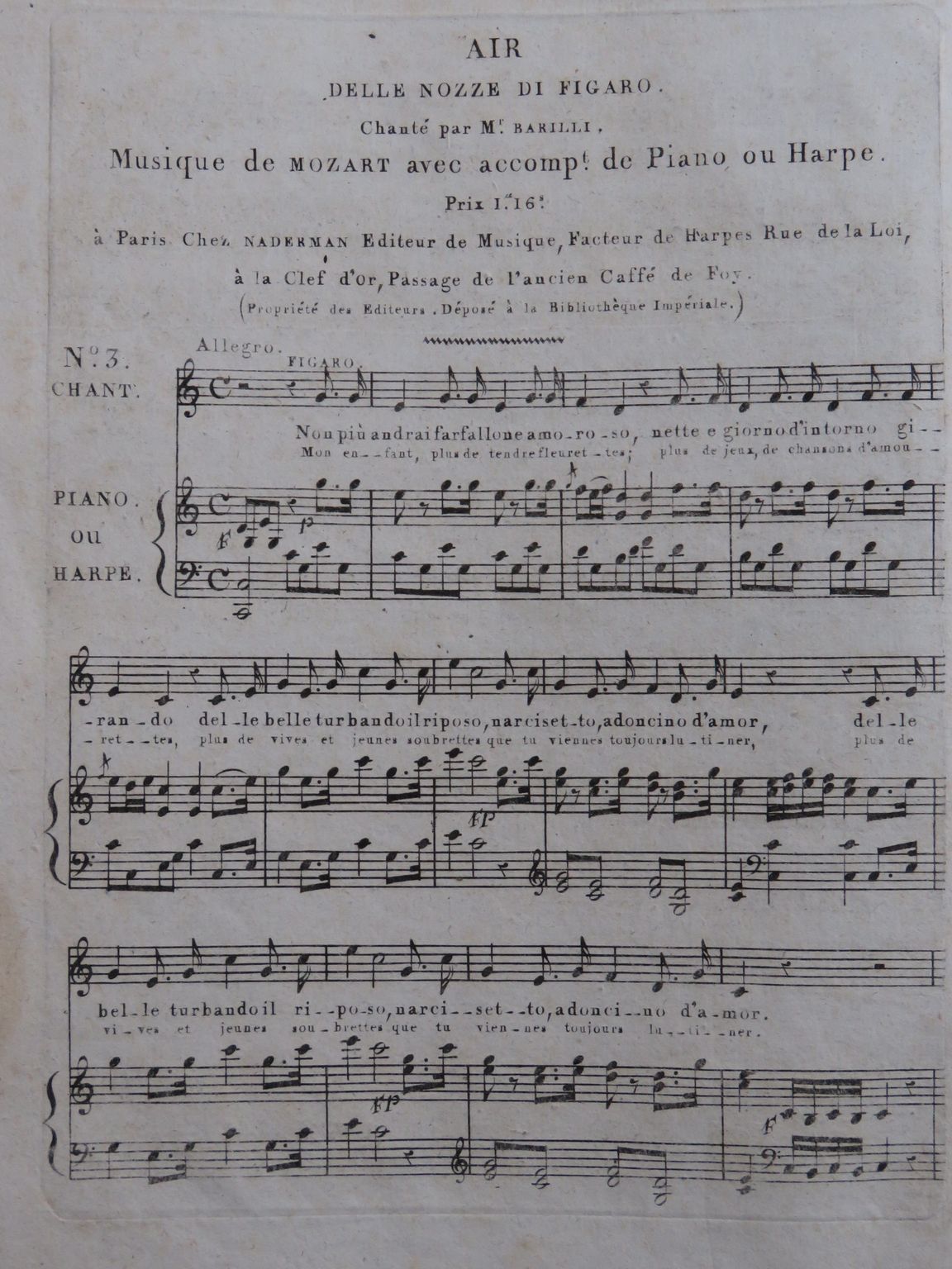 Mozart W A Air Dellle Nozze Di Figaro Chant Piano Ou Harpe Ca1800 By Mozart W A Air Dellle Nozze Di Figaro Chant Piano Ou Harpe Ca1800 Sheet Nbsp Music Partitions Anciennes
