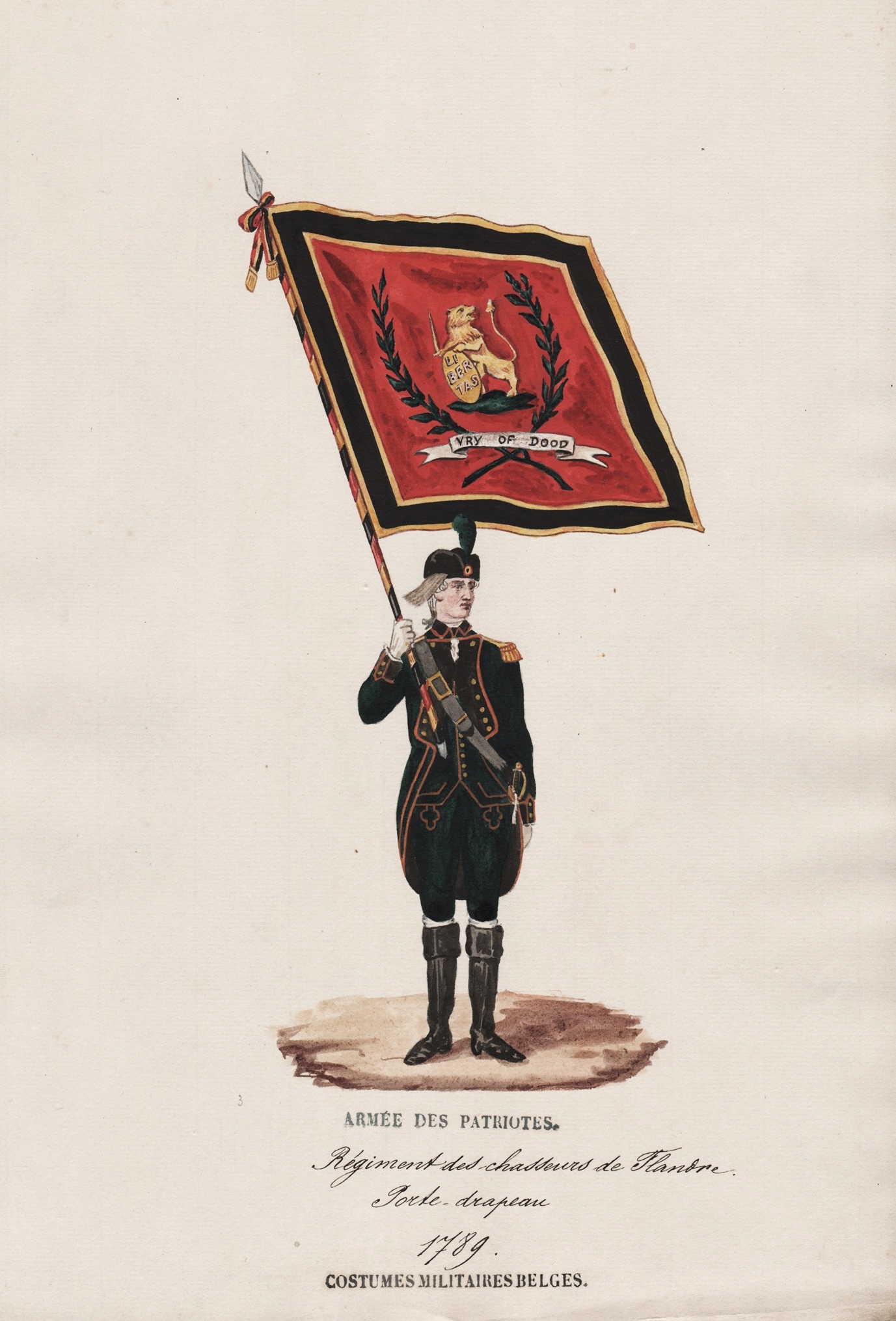 Regiment des chasseurs de Flandre Porte drapeau 1789 / Costumes Militaires  Belges - Belgique Belgium Belgien soldiers Soldat Militaria military:  Art / Print / Poster