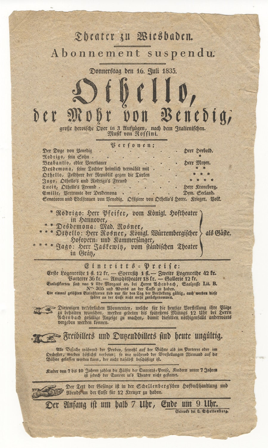 Broadside Playbill For A Performance Of Rossini S Opera Othello At The Teater Zu Wiesbaden On 16 July 1835 By Rossini Gioachino 1792 1868 1835 Art Nbsp Nbsp Print Nbsp Nbsp Poster J J Lubrano Music Antiquarians Llc