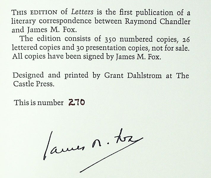 Letters: Raymond Chandler and James M. Fox [Limited Edition, Signed] by ...