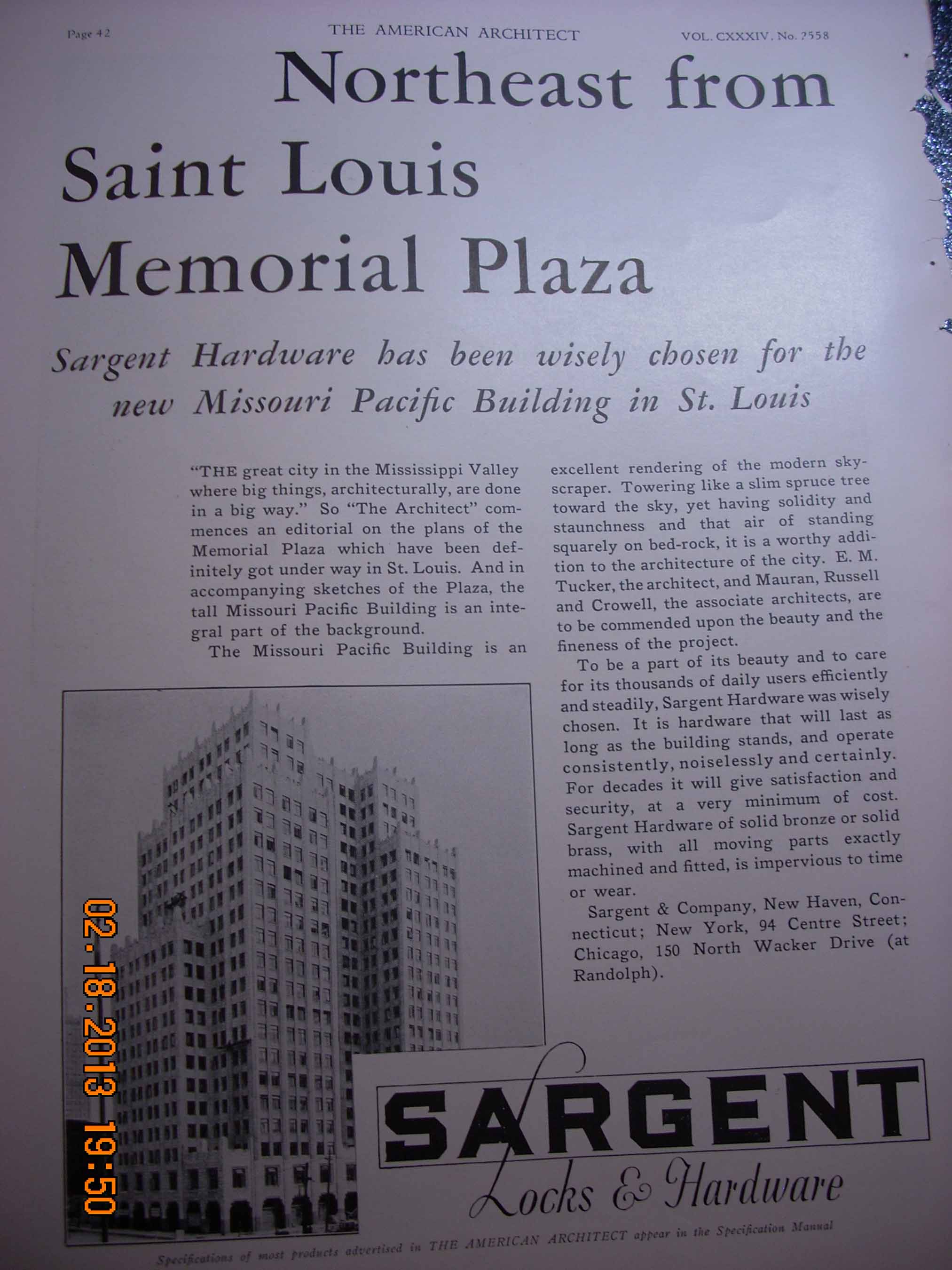 Ad for Sargent Locks & Hardware Northeast from Saint Louis Memorial ...