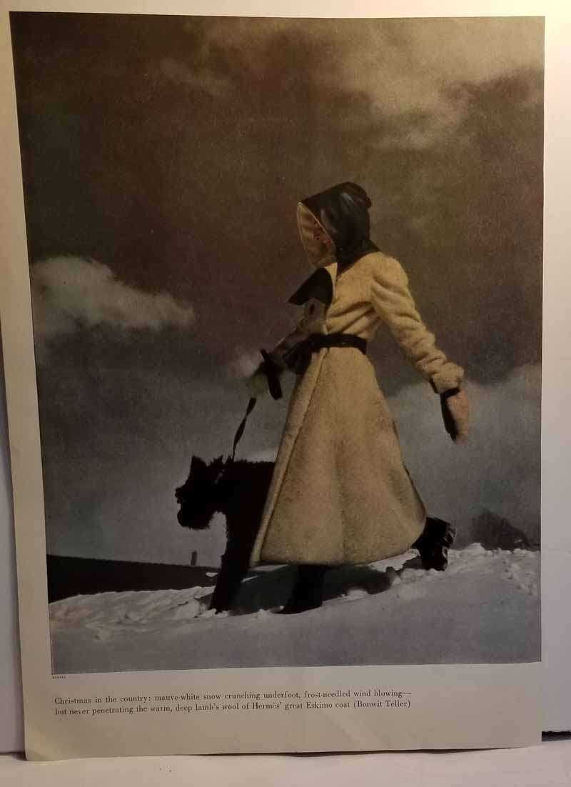 "Christmas in the Country" in Color Featuring Bonwit Teller's Coat of Lamb's Wool of Hermes Great Eskimo Woman Dressed in Coat Walking through the Sn