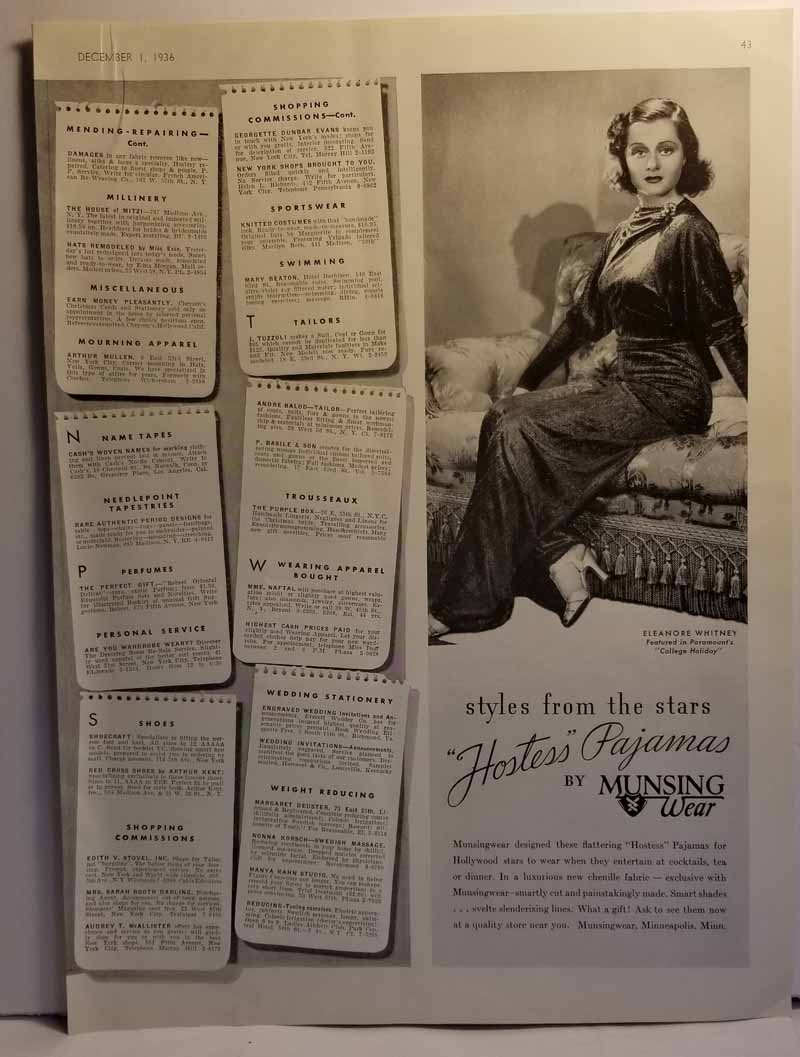 Advertisement: with Eleanore Whitney (College Holiday) for HOSTESS Pajamas by Munsing Wear "Styles from the Stars." Vogue Magazine editors [Very Good