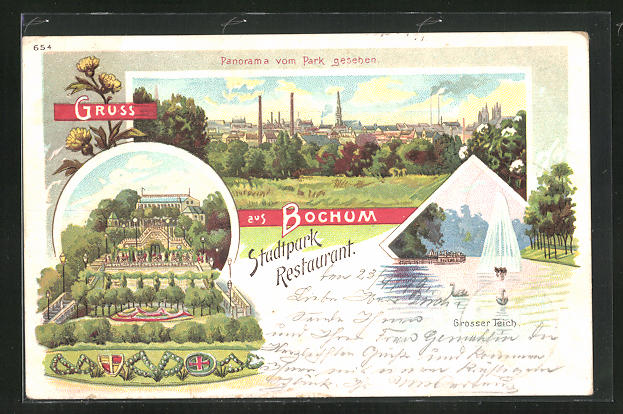 Lithographie Bochum, Stadtpark Restaurant, Grosser Teich, Panorama vom