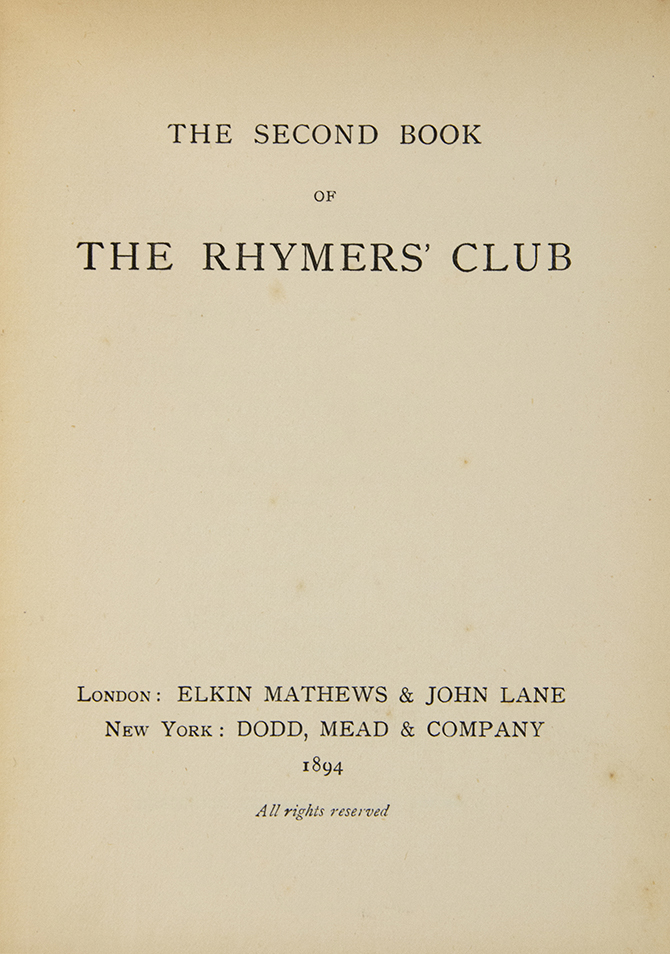 The Second Book of the Rhymers' Club. by [RHYMERS' CLUB].: (1894) | Shapero  Rare Books