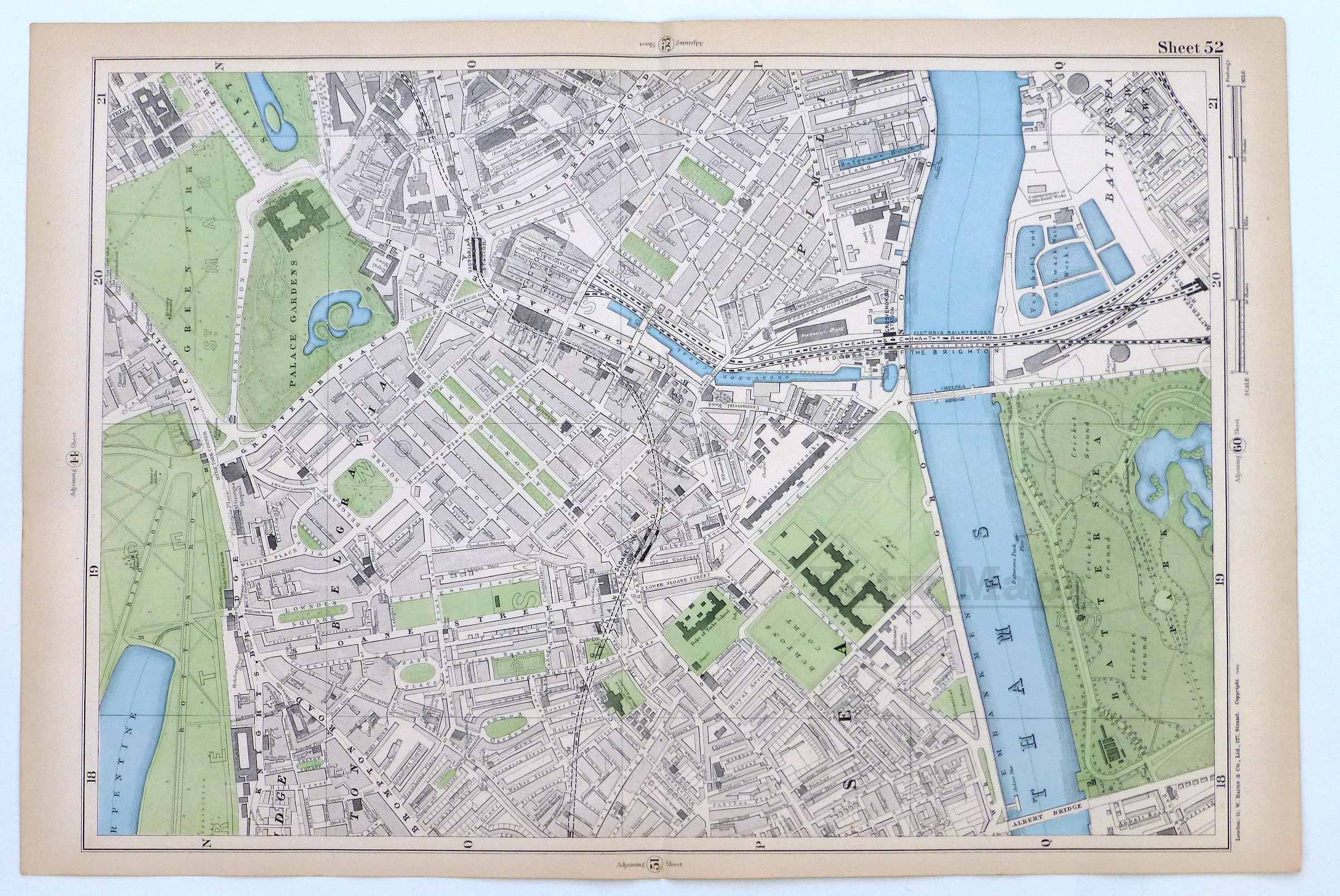Pimlico Belgravia Chelsea Old vintage  Map London 1888 #D22 
