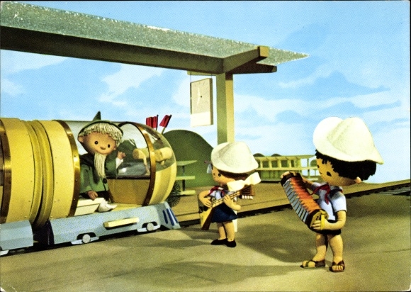 Unser Sandmännchen fährt eine Dampflok mit Wagen und Kindern Ansichtskarte 