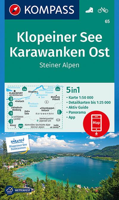 KOMPASS Wanderkarte Klopeiner See, Karawanken Ost, Steiner Alpen: 5in1 Wanderkarte 1:50000 mit Panorama, Aktiv Guide und Detailkarten inklusive Karte . (KOMPASS-Wanderkarten, Band 65)