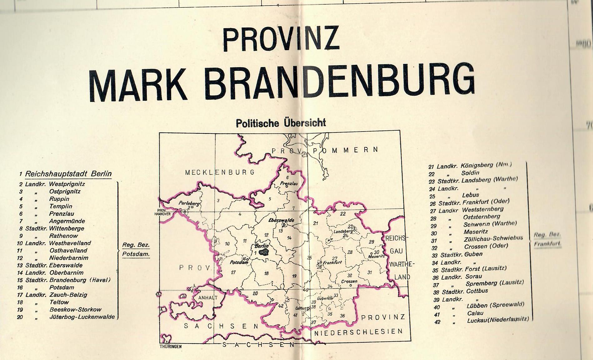 Karte Provinz Mark Brandenburg - in 4 Farben - 1 : 300 000; Zusammendruck 1940 aus der 