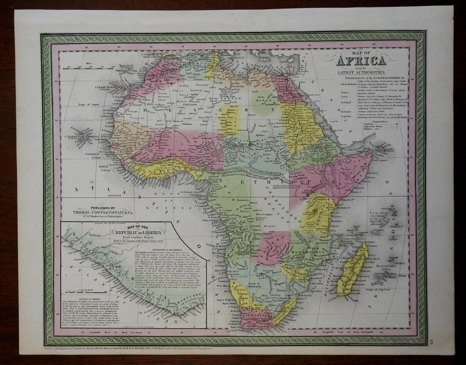 Africa Continent 1850 Thomas Cowperthwait map large inset Liberia Mts 