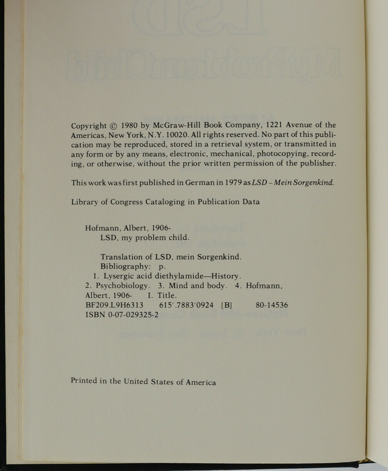 LSD, My Problem Child by Hofmann, Albert: Near Fine (1980) First